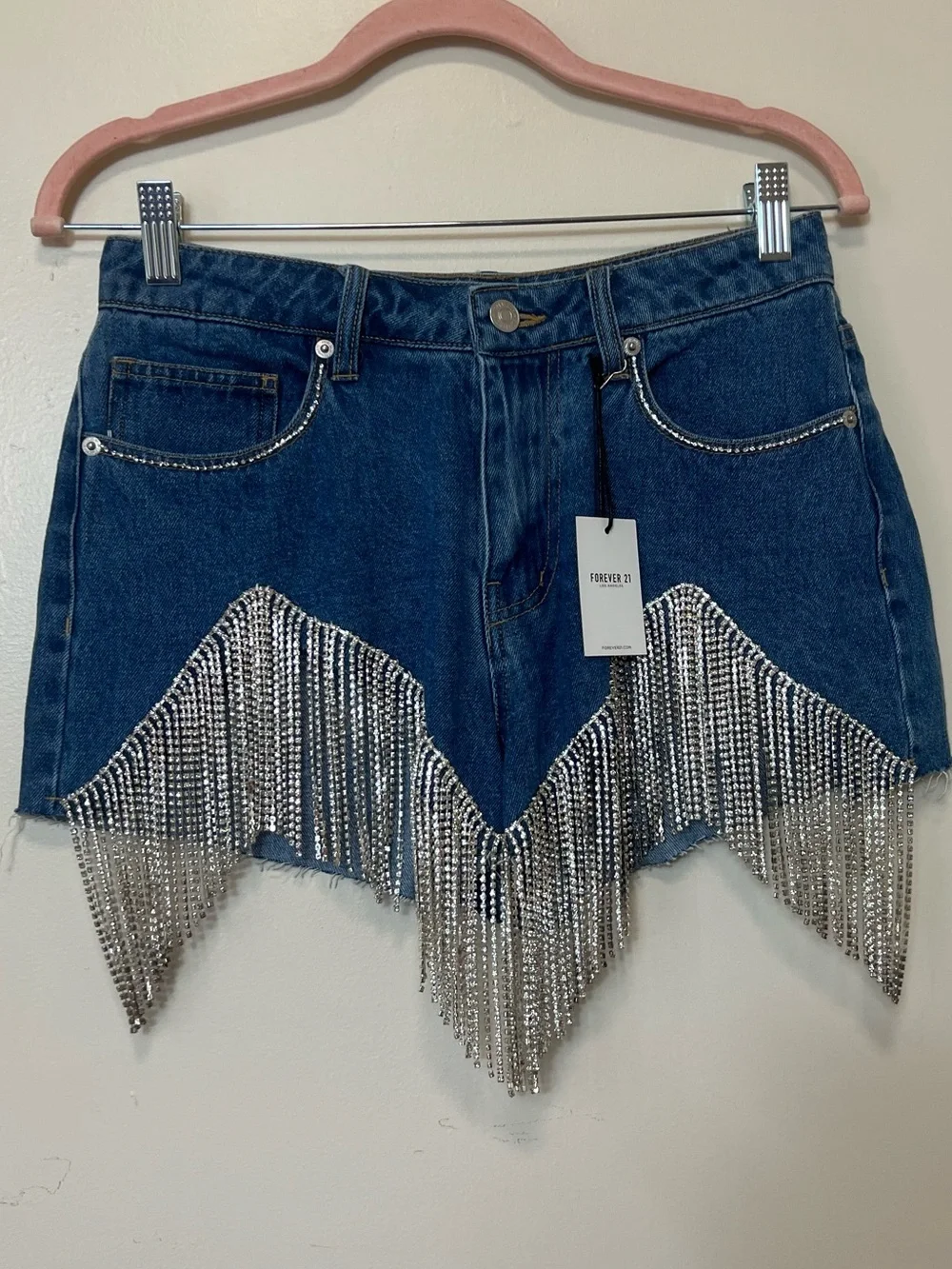 Forever 21 Dark Blue Denim Shorts with Silver Beaded Fringe. Size 27 Waist. NWT